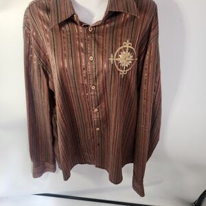 Striped Brown Dress Shirt with Embroidered Design